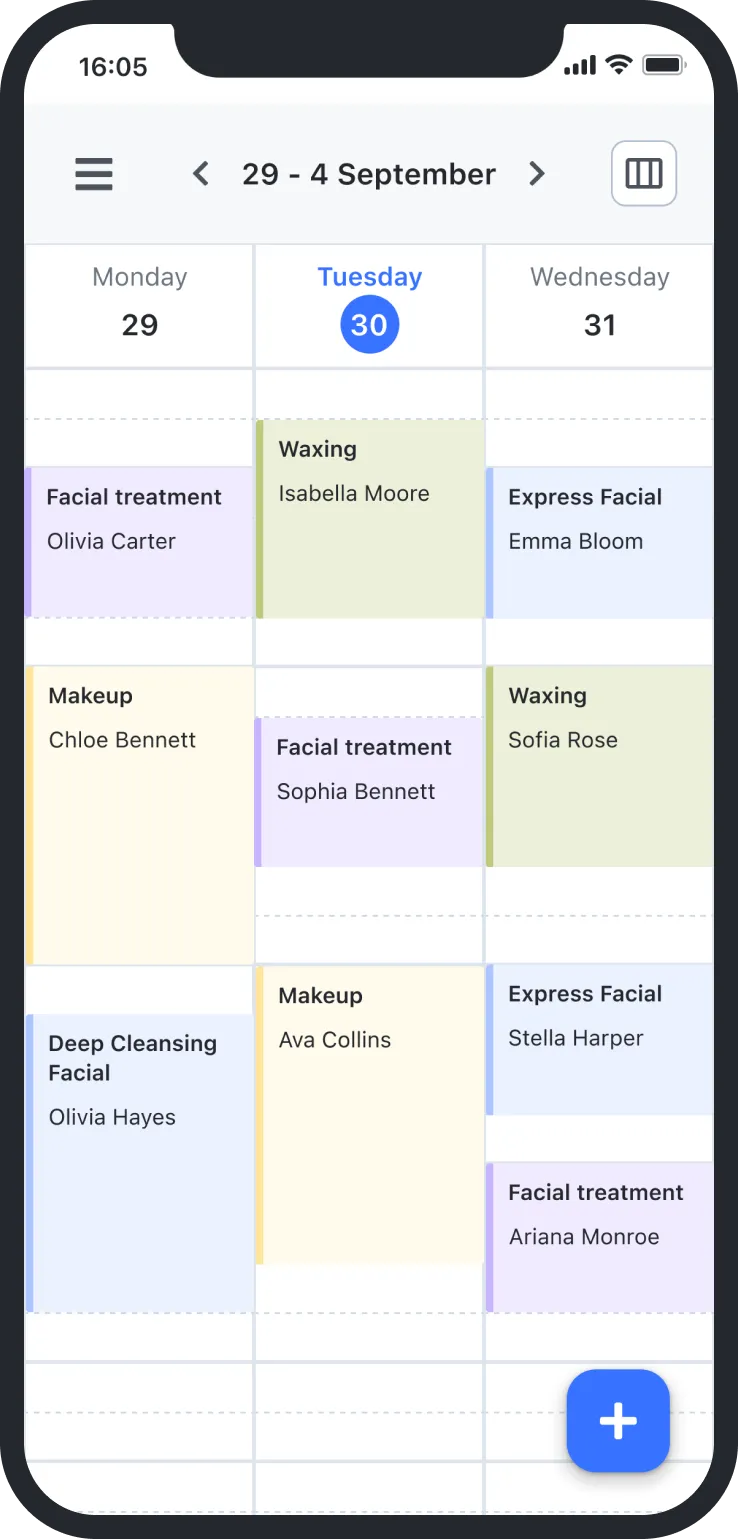 Calendar app displaying beauty salon appointments for Sep 29 to Oct 1 with treatments and client names.