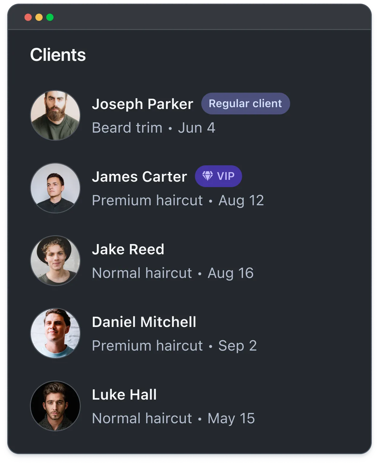 List of clients with profile pictures, names, service types, dates, and tags like Regular client or VIP.