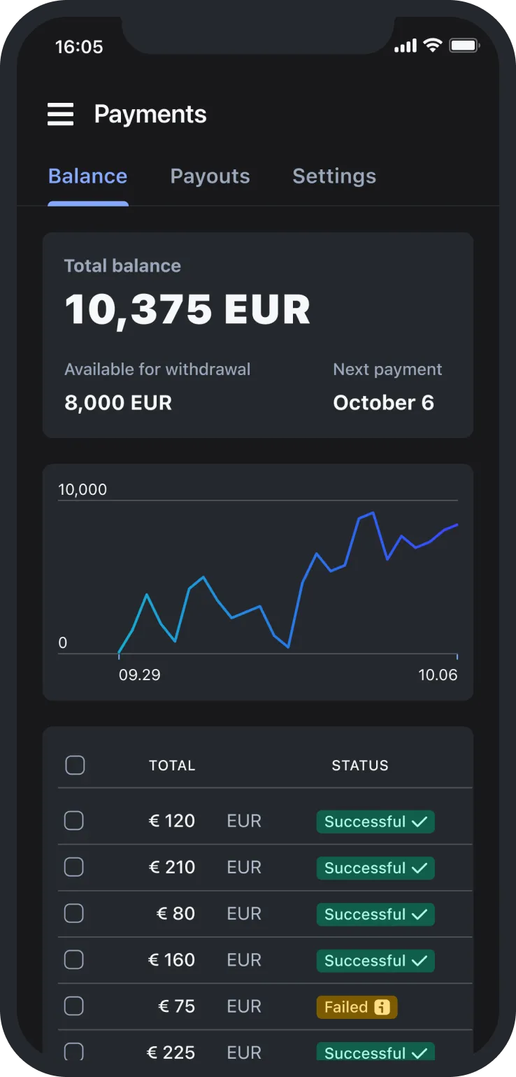 Mobile payments app shows total balance 10,375 EUR, chart of balance, and recent payment statuses.