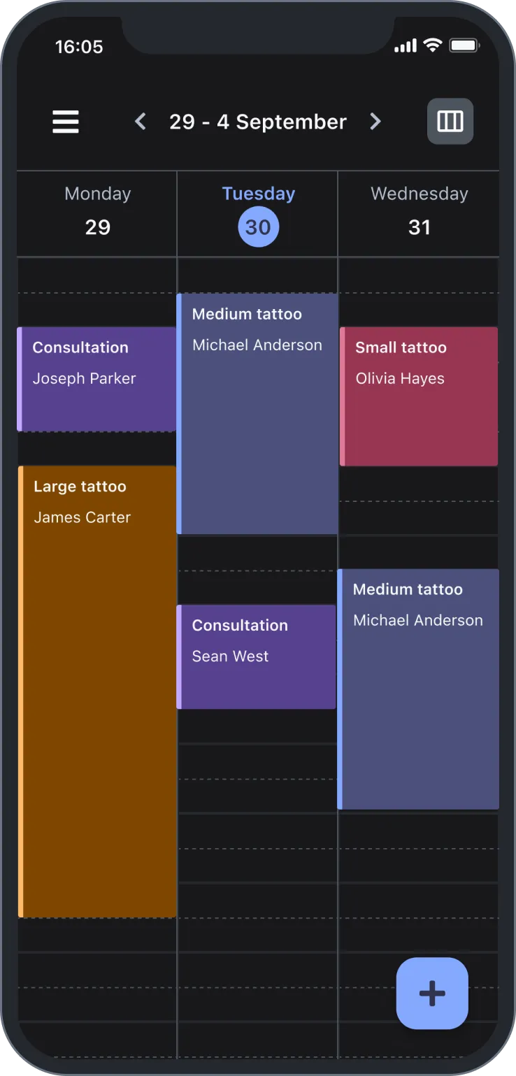 Tattoo booking schedule on phone showing appointments for Sept 29-31 including consultations and tattoo sizes.