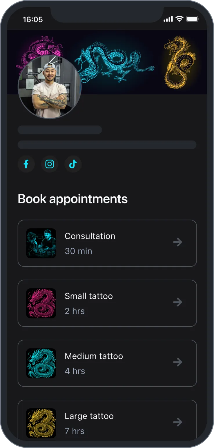 Tattoo artist profile with dragon art and appointment options for consultation and tattoos of various sizes.