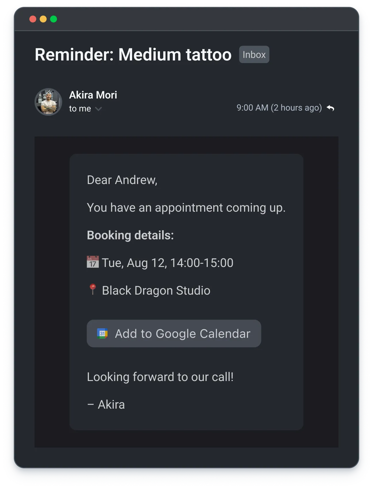 Email reminder for Andrew about a tattoo appointment on Aug 12, 14:00-15:00 at Black Dragon Studio.