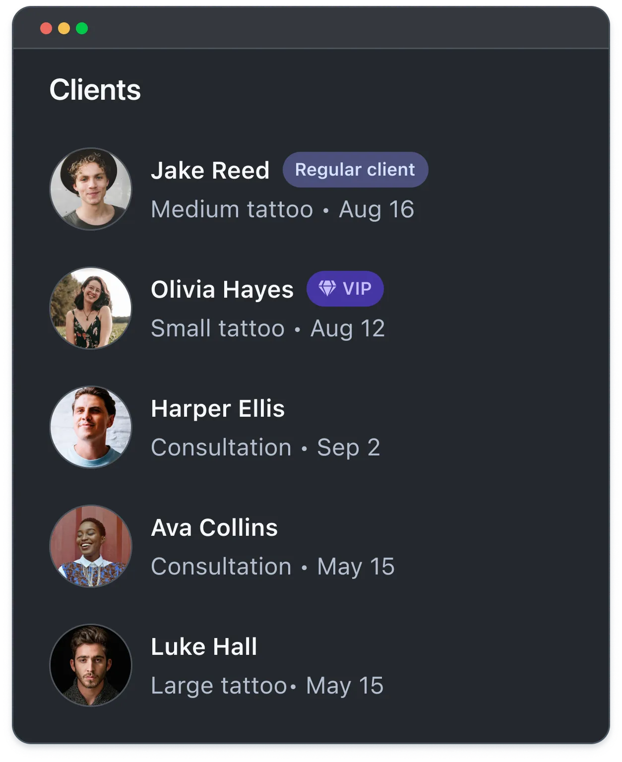 Client list with photos showing tattoo type, dates, and tags like regular client and VIP.
