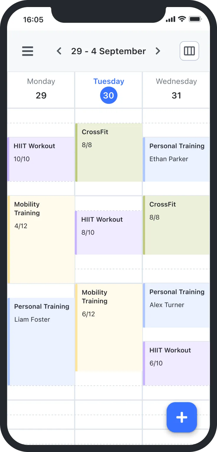Mobile calendar showing workout sessions and personal training scheduled from August 29 to September 31.