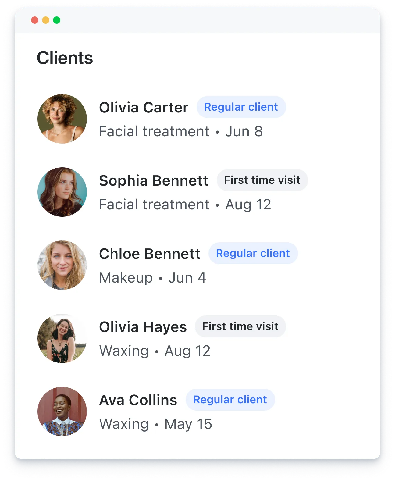 List of clients with photos, names, services, visit dates, and labels for regular or first-time clients.