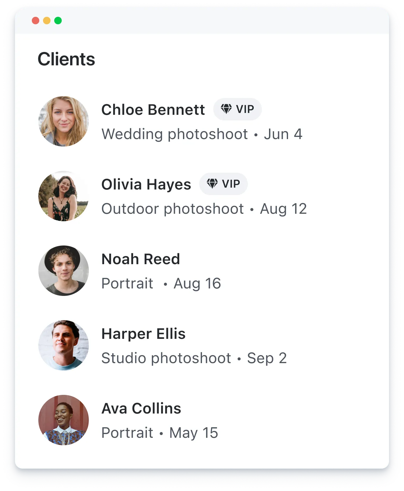 Client list with photos, names, shoot type, dates; Chloe and Olivia marked VIP for wedding, outdoor shoots.