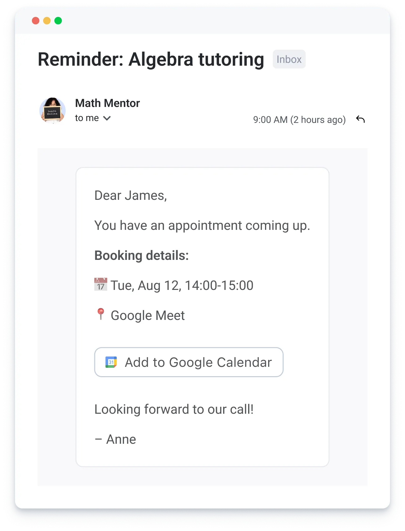 Email reminder for algebra tutoring on Tue, Aug 12, 14:00-15:00 via Google Meet from Math Mentor.