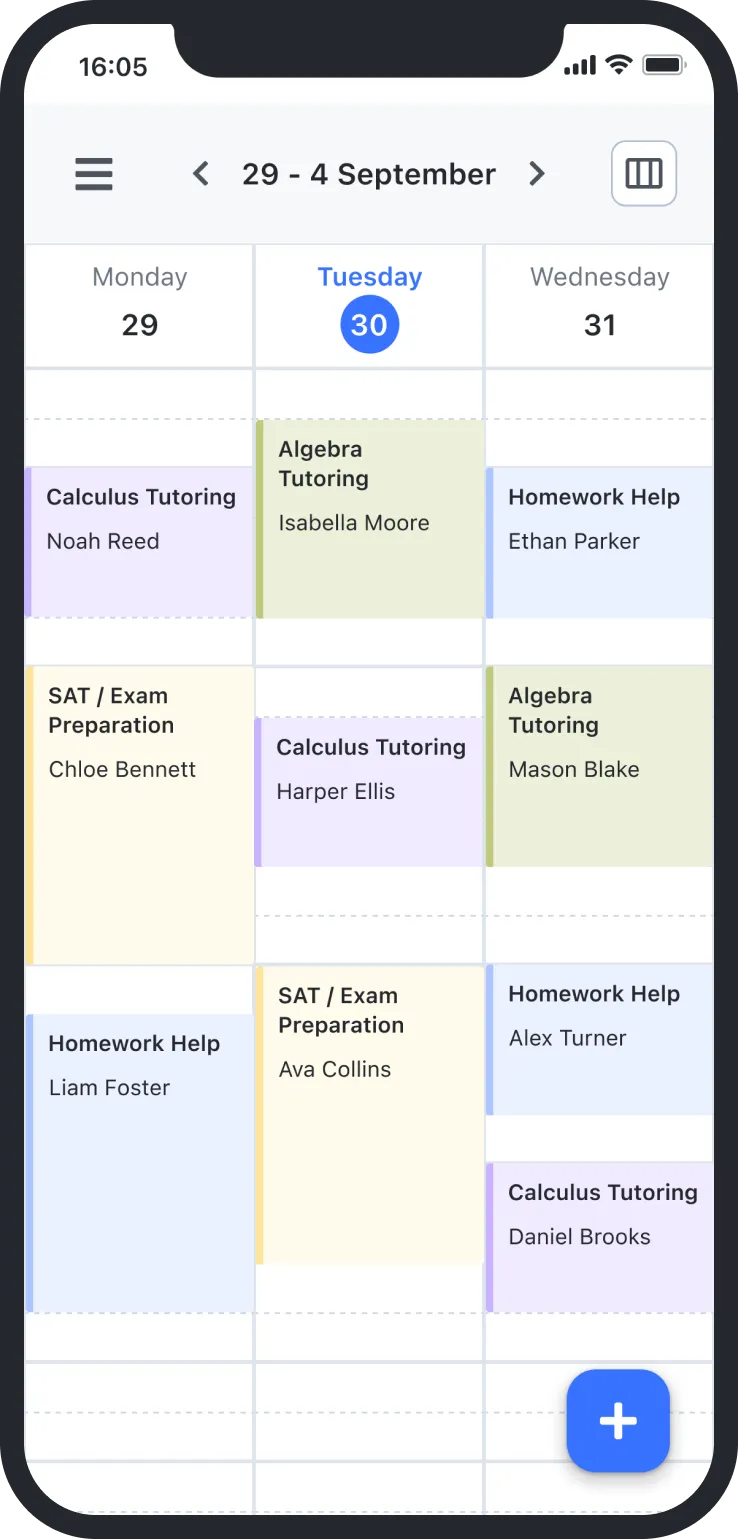 Mobile teacher calendar showing tutoring and exam prep sessions from August 29 to September 31.