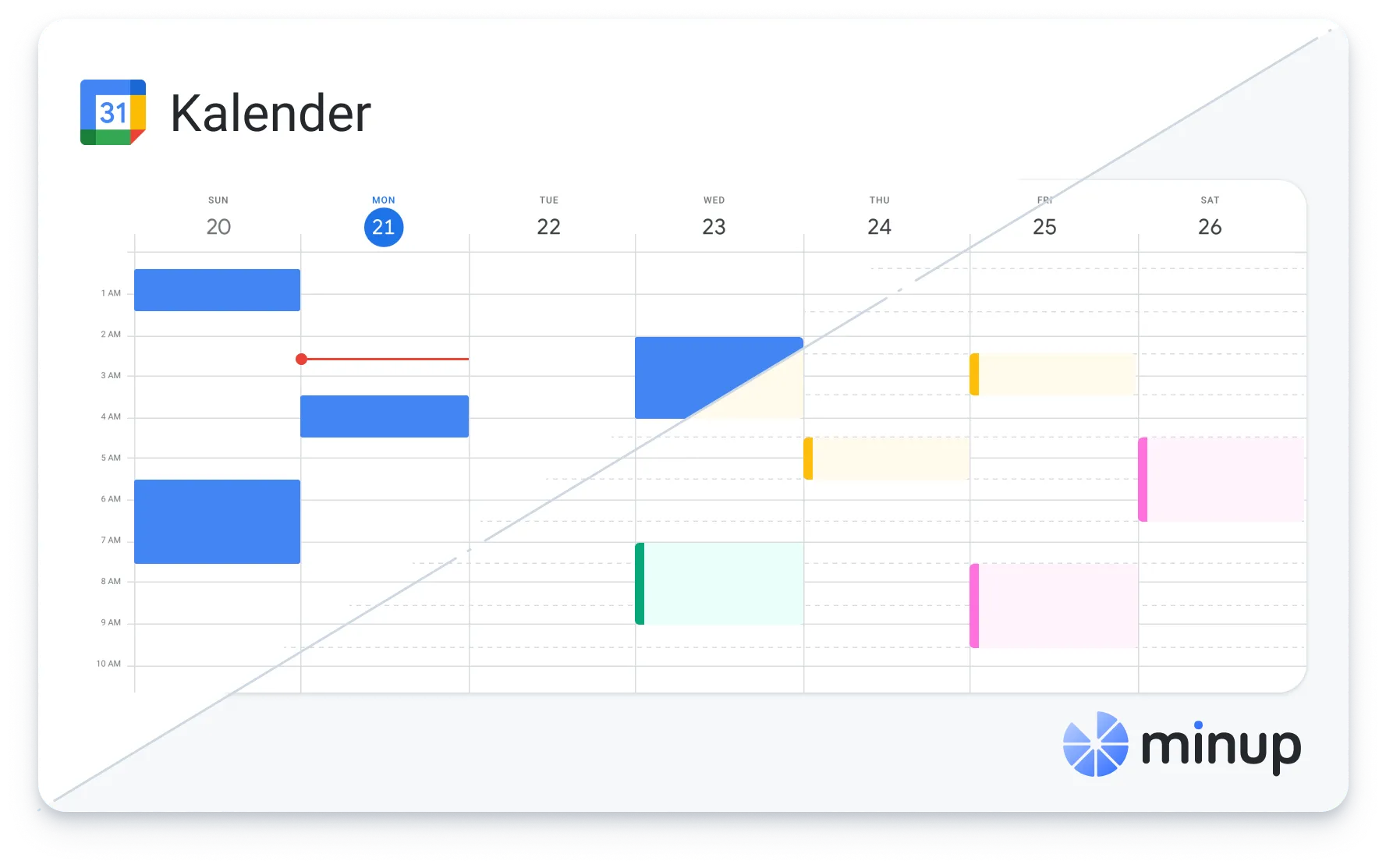 Week view in a Google Calendar with color-coded events from Sunday the 20th to Saturday the 26th.