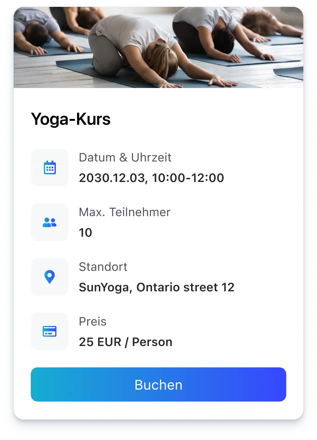 People stretching in child’s pose on yoga mats above booking details for a yoga class.