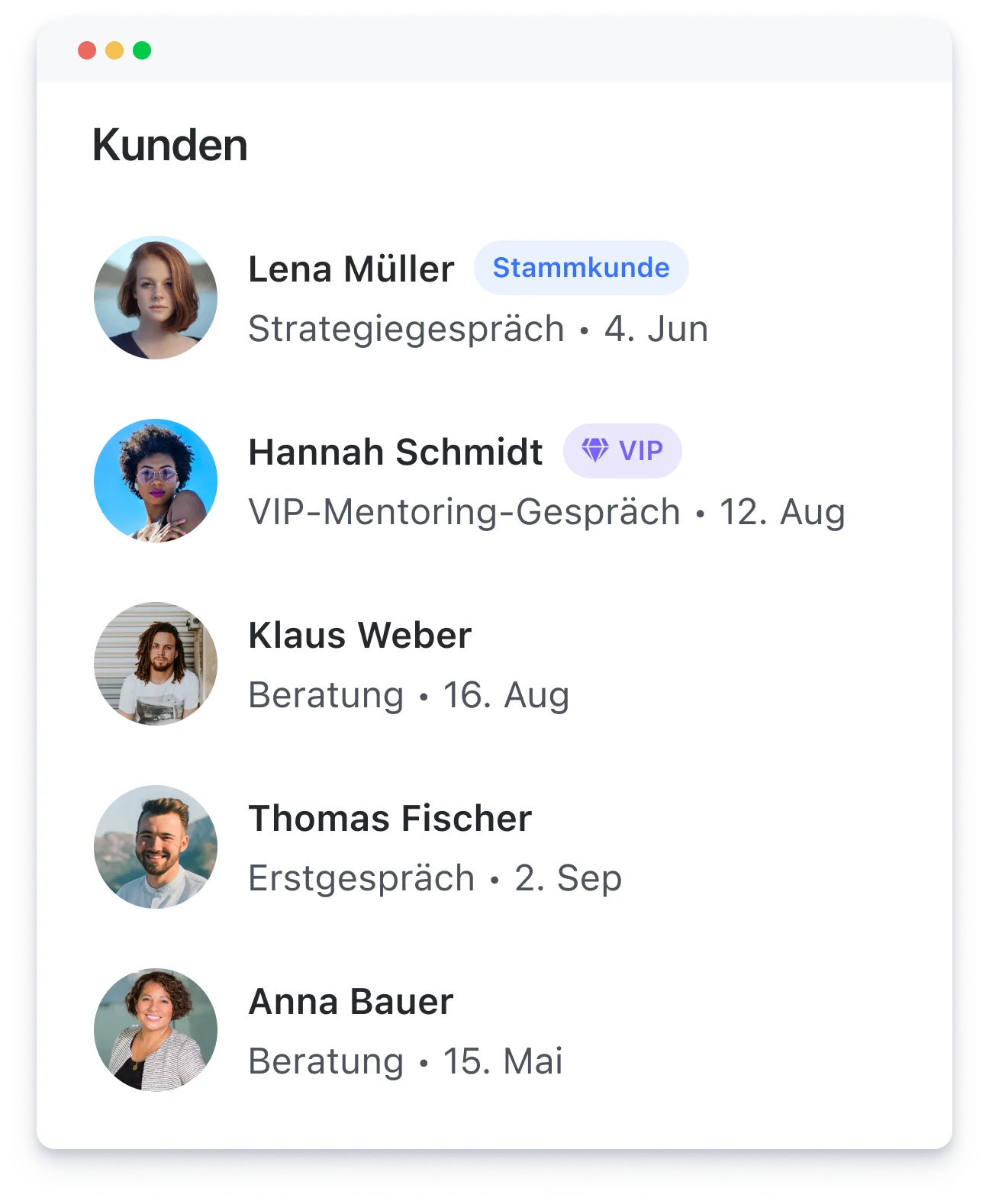Customer list with names, photos, labels like VIP and Stammkunde, meeting types, and dates in German.