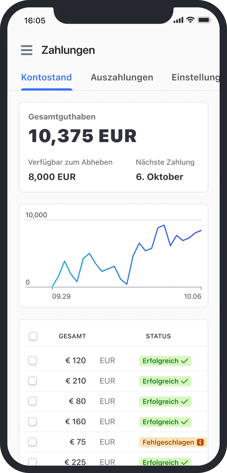 Mobile payment app screen showing 10,375 EUR balance, 8,000 EUR available, next payment Oct 6, and transactions.