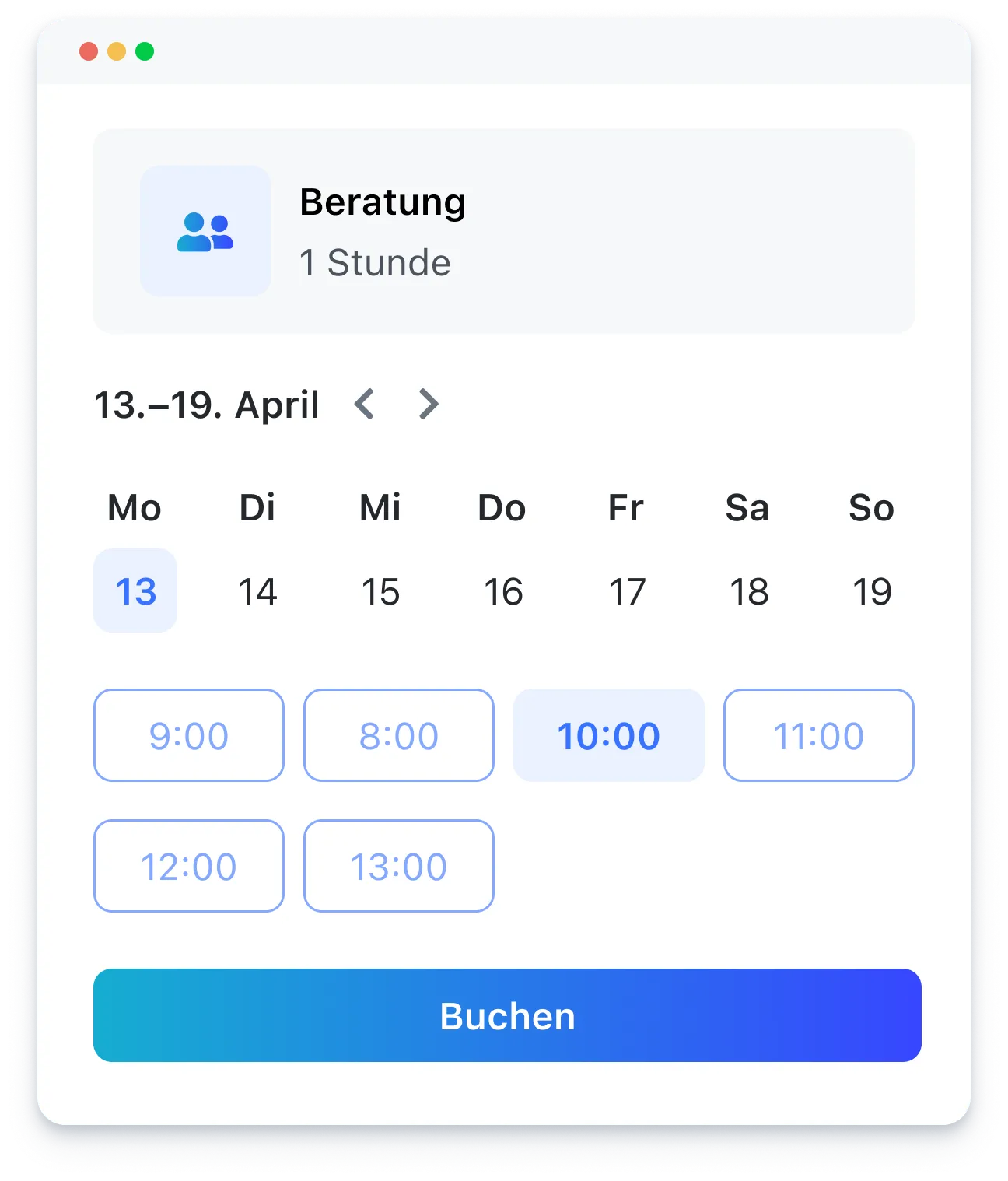 Booking calendar showing April 13 to 19 with April 13 and 10:00 AM selected for a one-hour consultation.