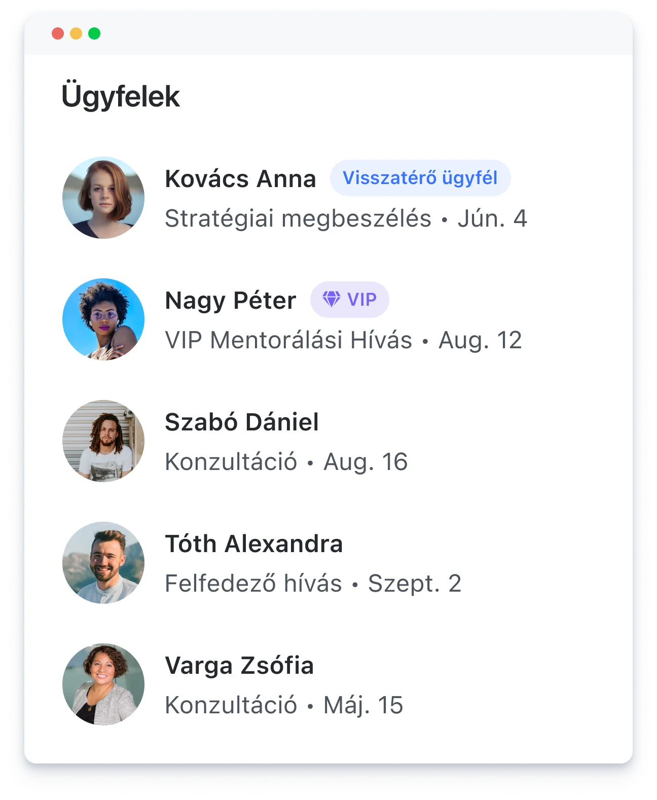 Customer list with photos, names, status tags, and meeting dates in a CRM interface.