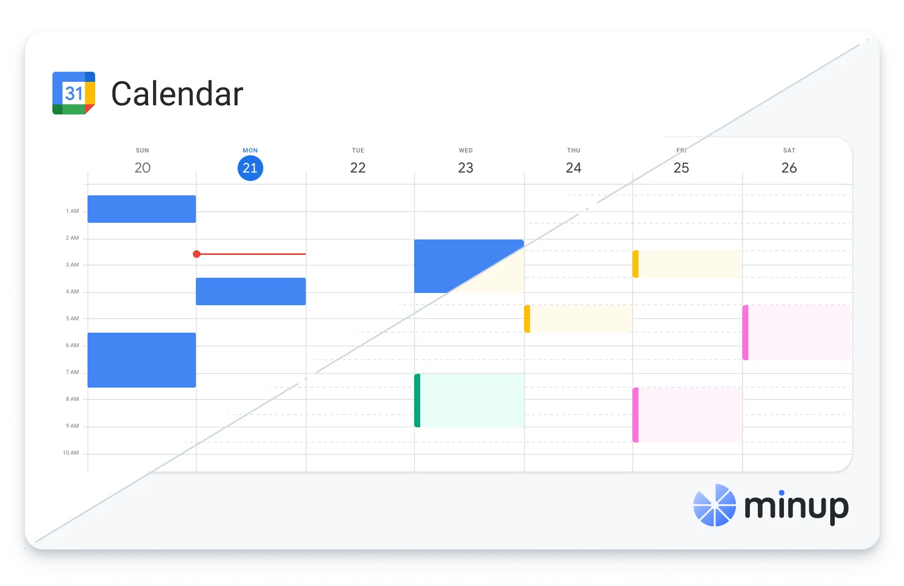 Weekly view of a Google Calendar showing events from Sunday 20 to Saturday 26 across early morning hours.