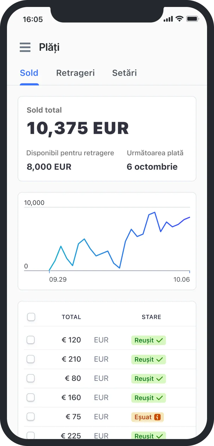 Mobile screen showing payments in euros: total balance 10,375, 8,000 available, next payment Oct 6, transactions list.