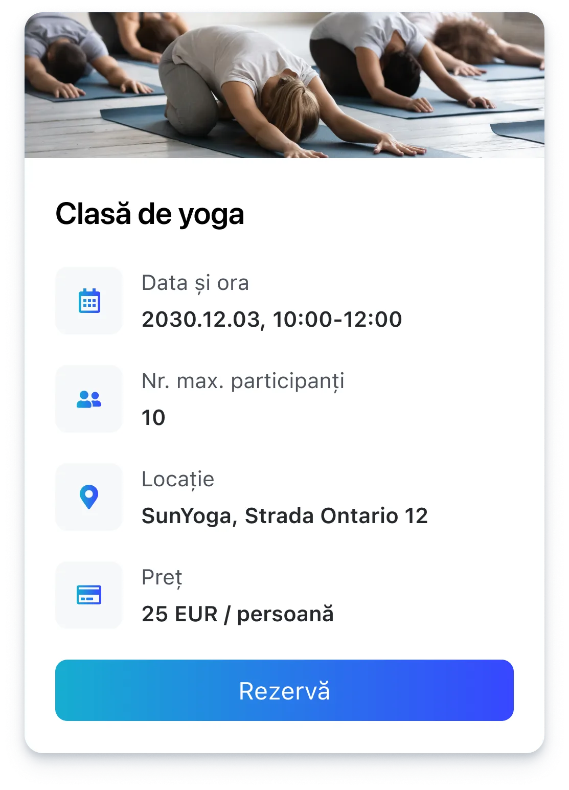 People doing child’s pose yoga on mats above event details for a yoga class reservation.