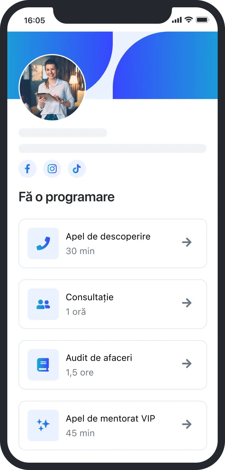 Mobile booking screen with a profile photo, social icons, and scheduling options for calls and consultations.