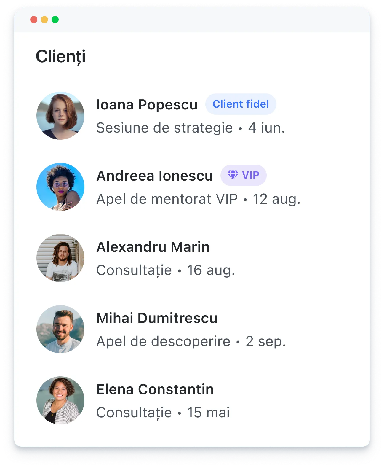 List of five clients with profile photos, names, labels, session types, and dates in a user interface.
