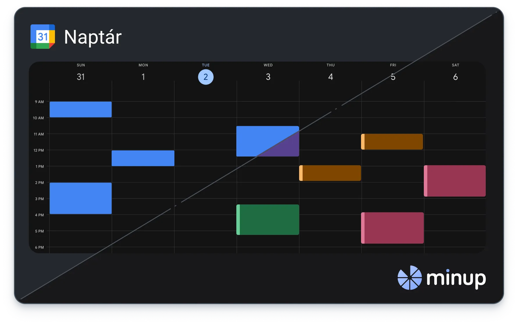 Dark-themed weekly calendar with colored event blocks from Sunday to Saturday, labeled in Hungarian.
