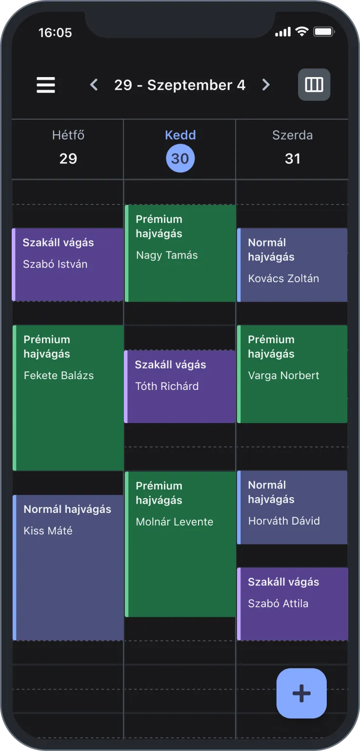 Smartphone calendar showing haircut and beard trim appointments for Sept 29-31 by different barbers.