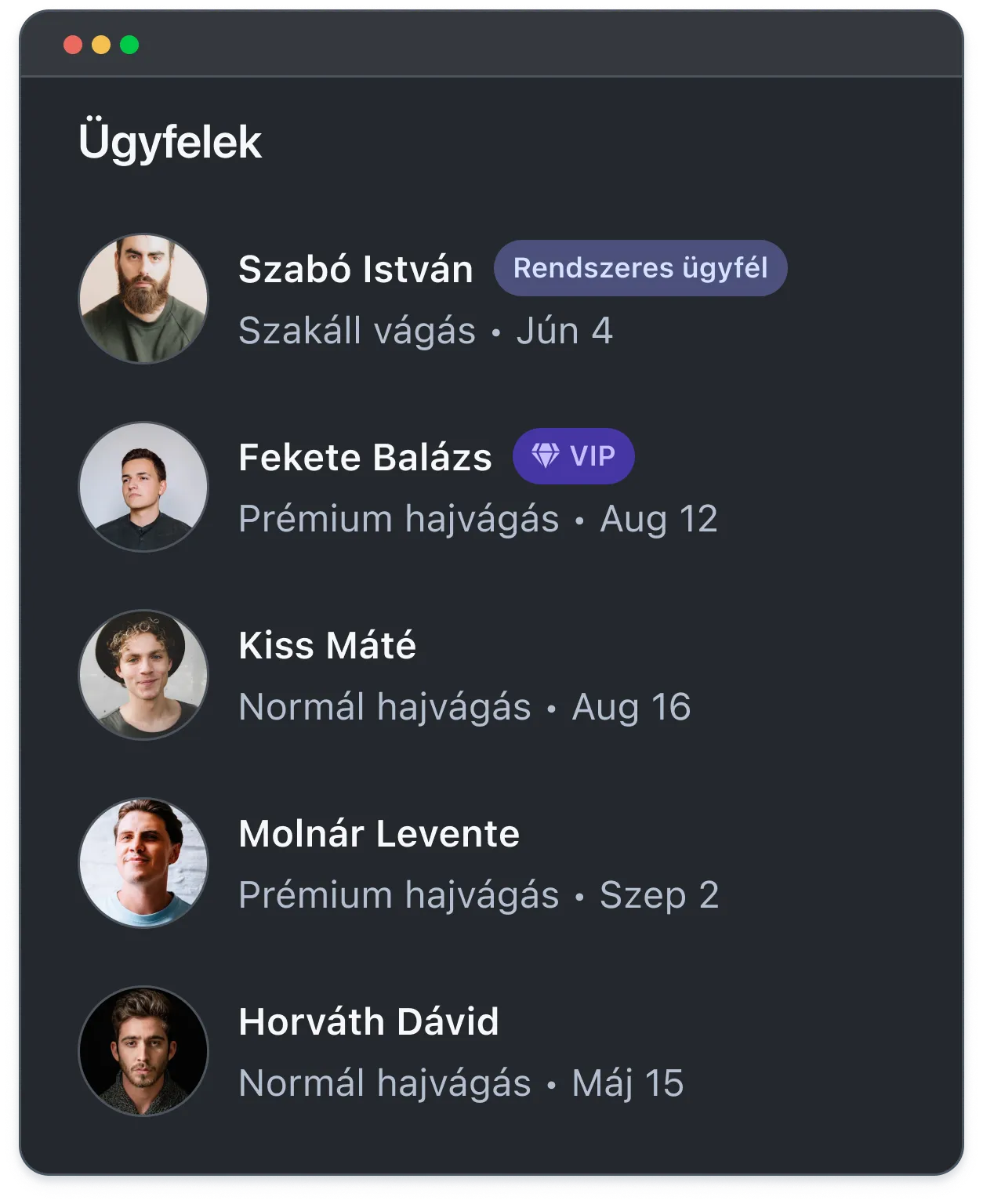 Customer list showing names, photos, services, dates, and tags like regular customer and VIP.