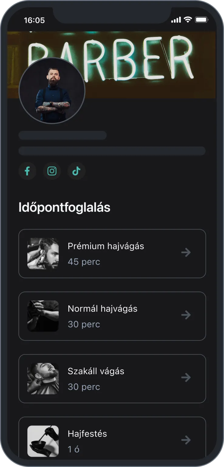 Barber booking app showing haircut, beard trim, and hair coloring services with durations.