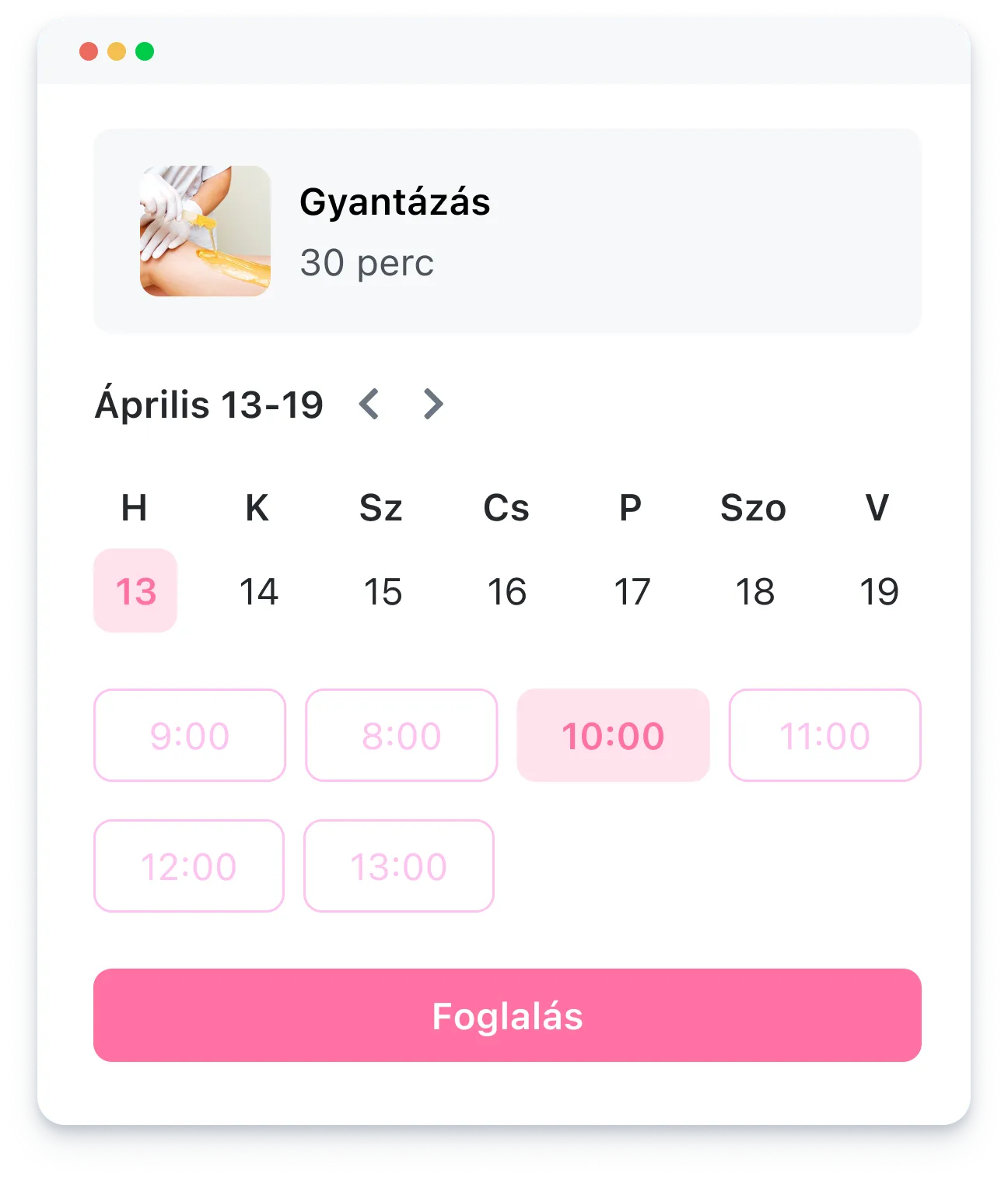 Online calendar for booking a 30-minute waxing appointment with time slots April 13-19.
