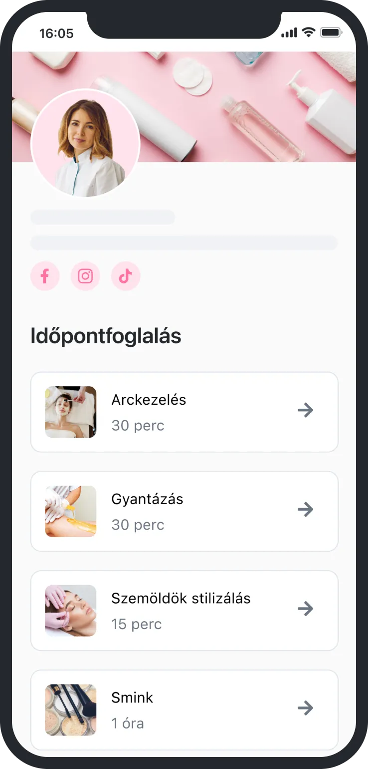 Mobile booking page for beauty services: facial, waxing, eyebrow styling, and makeup with images and durations.