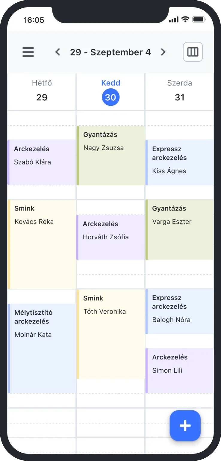 Mobile calendar showing beauty treatment appointments for September 29 to 31 with names of clients.