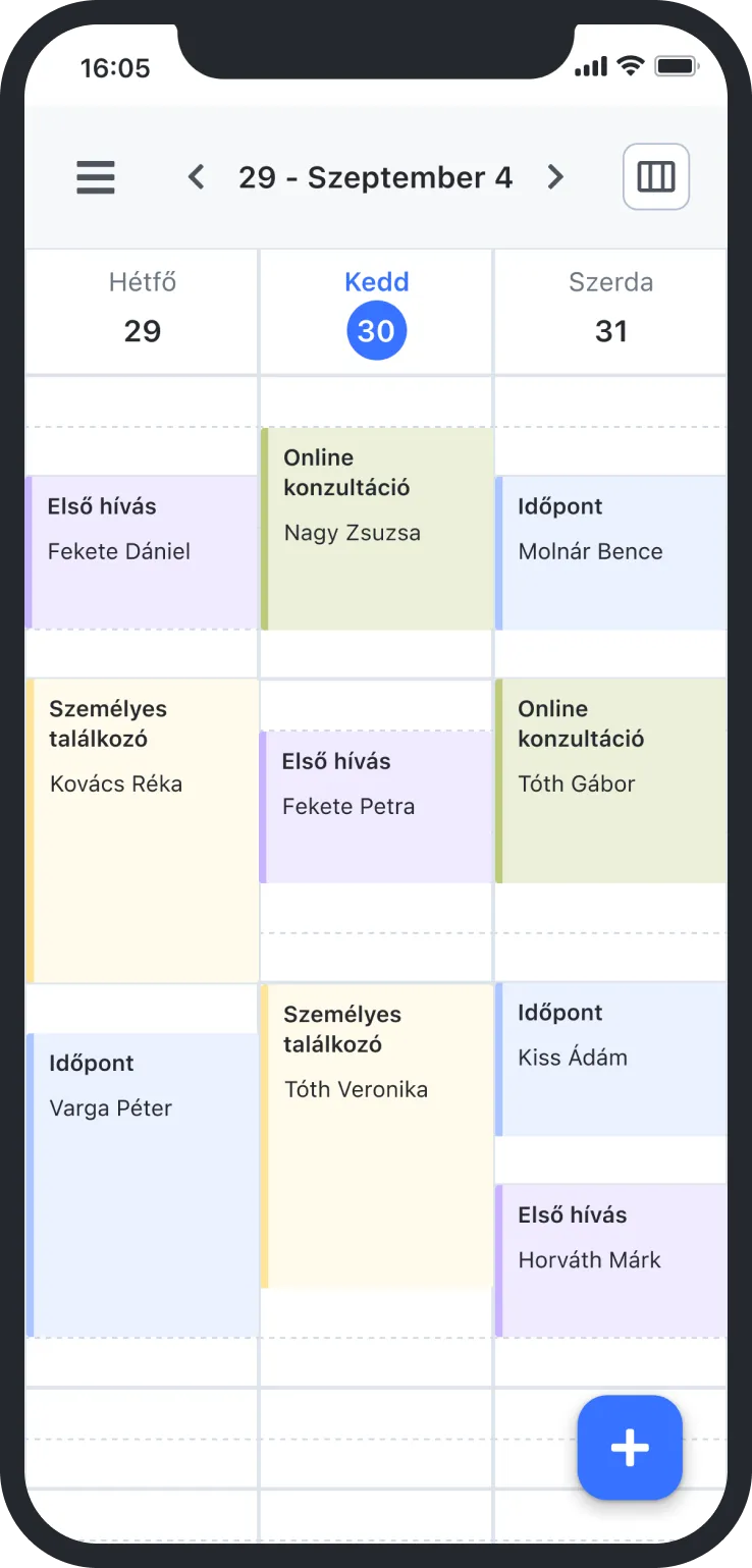 Mobile calendar app showing appointments on a week from Sept 29 to Oct 3 with meetings and calls.