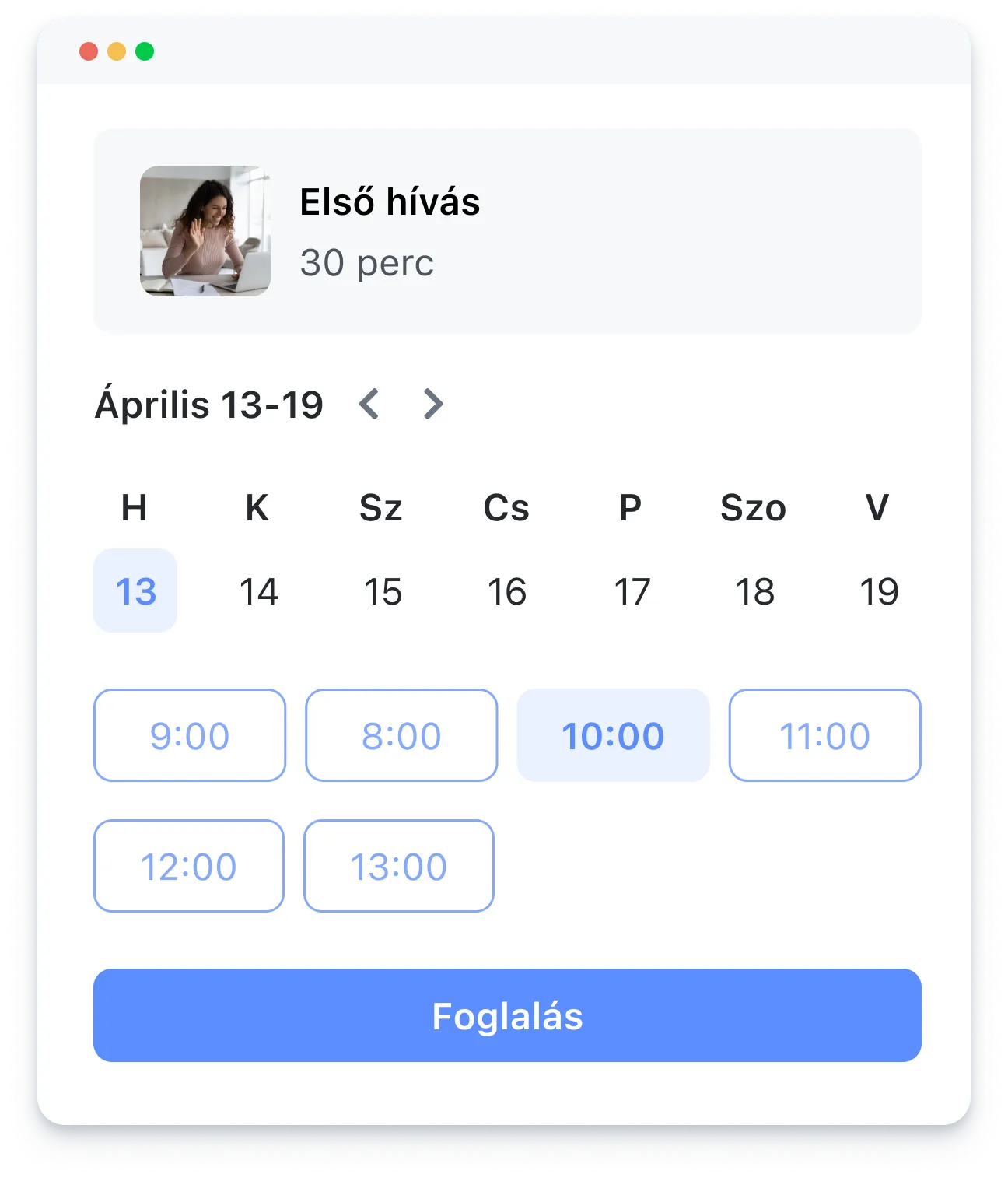 Calendar interface showing appointment options for April 13-19 with a 30-minute call booking at 10:00 on April 13.