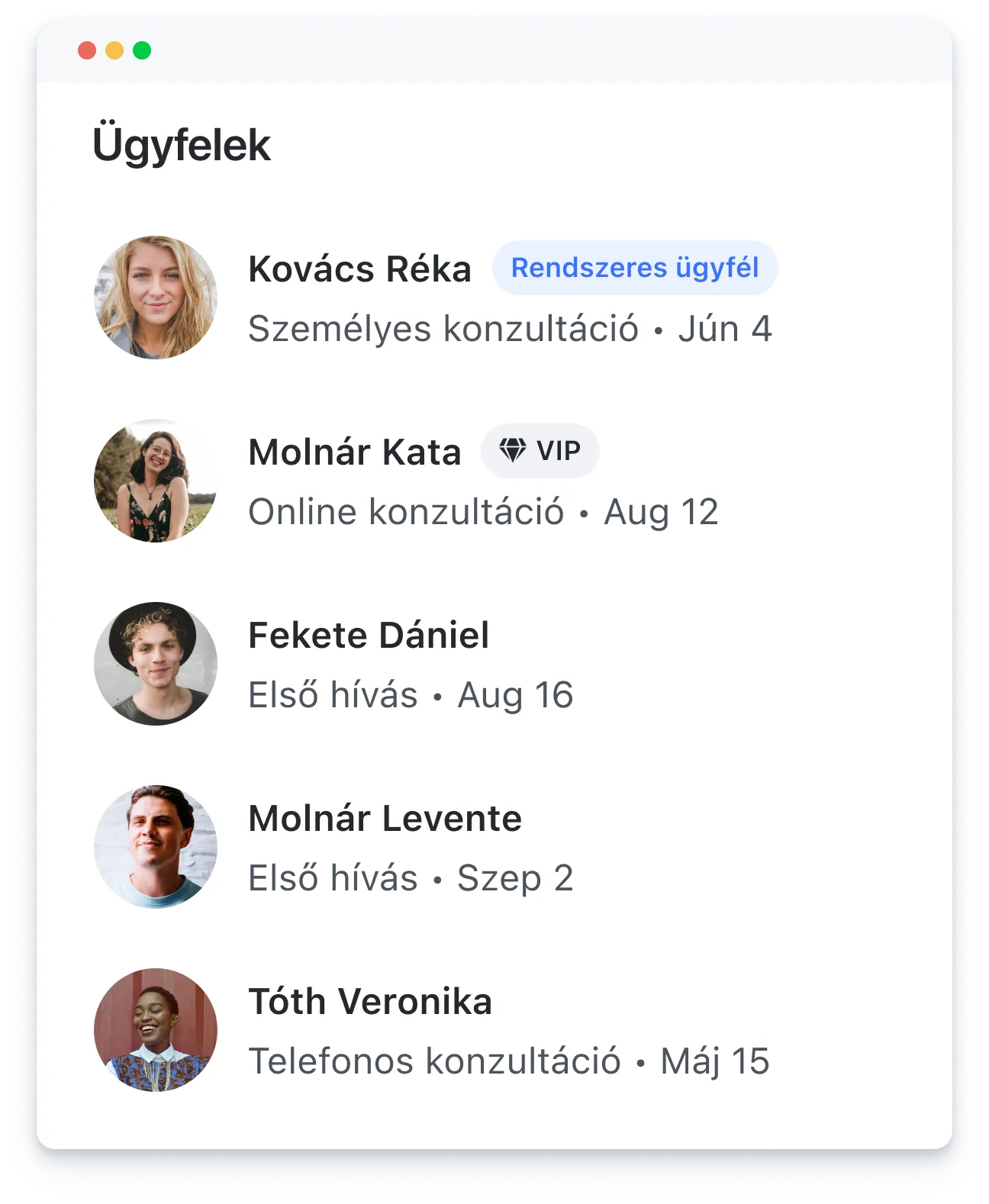 List of client names with profile photos, labels, consultation types, and consultation dates in Hungarian.
