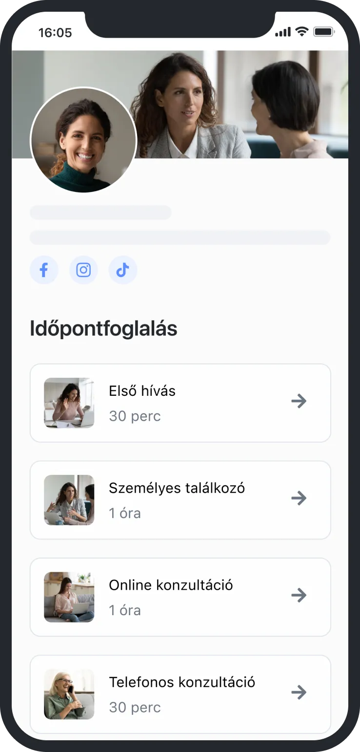 Mobile screen showing booking options with photos for first call, personal meeting, online, and phone consultation.