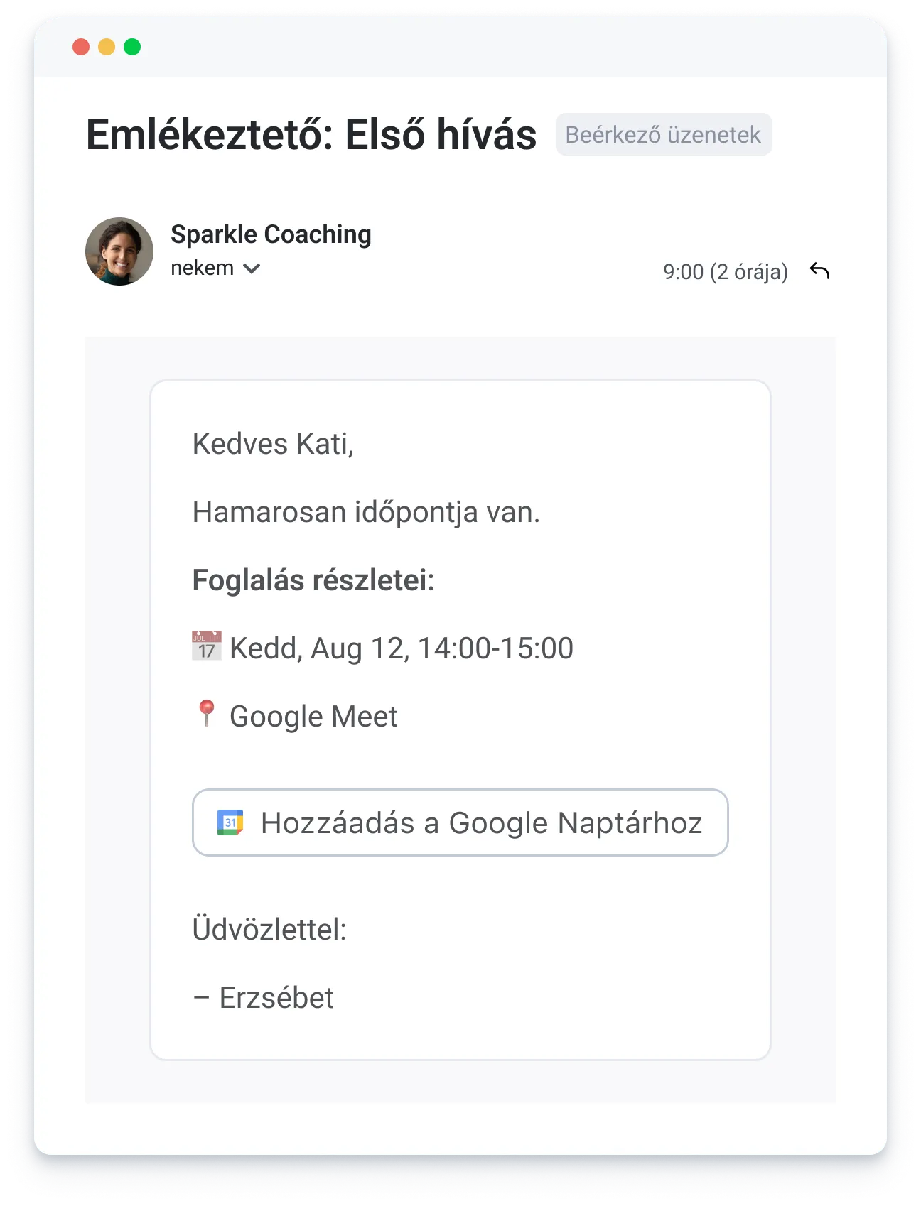 Reminder message in Hungarian about a Google Meet call scheduled for Aug 12, 14:00-15:00.