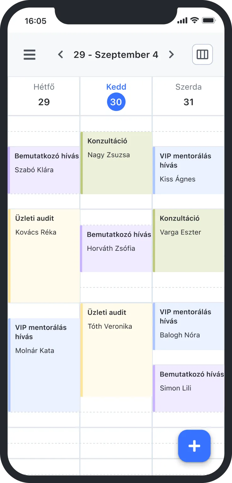 Mobile calendar showing scheduled calls, audits, and consultations for Sept 29-31 with colored event blocks.
