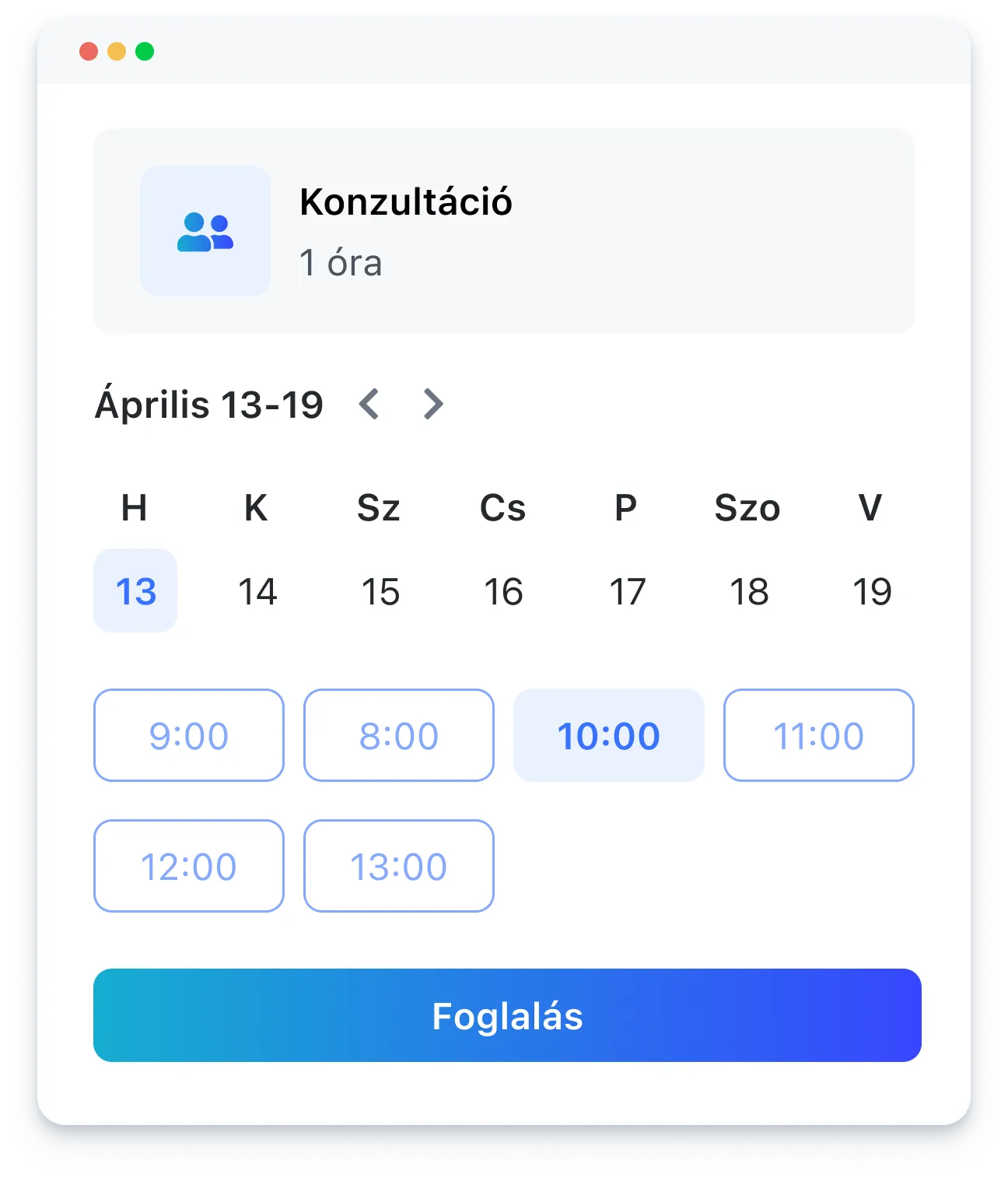 Calendar interface showing consultation booking for April 13-19 with times and a book button.