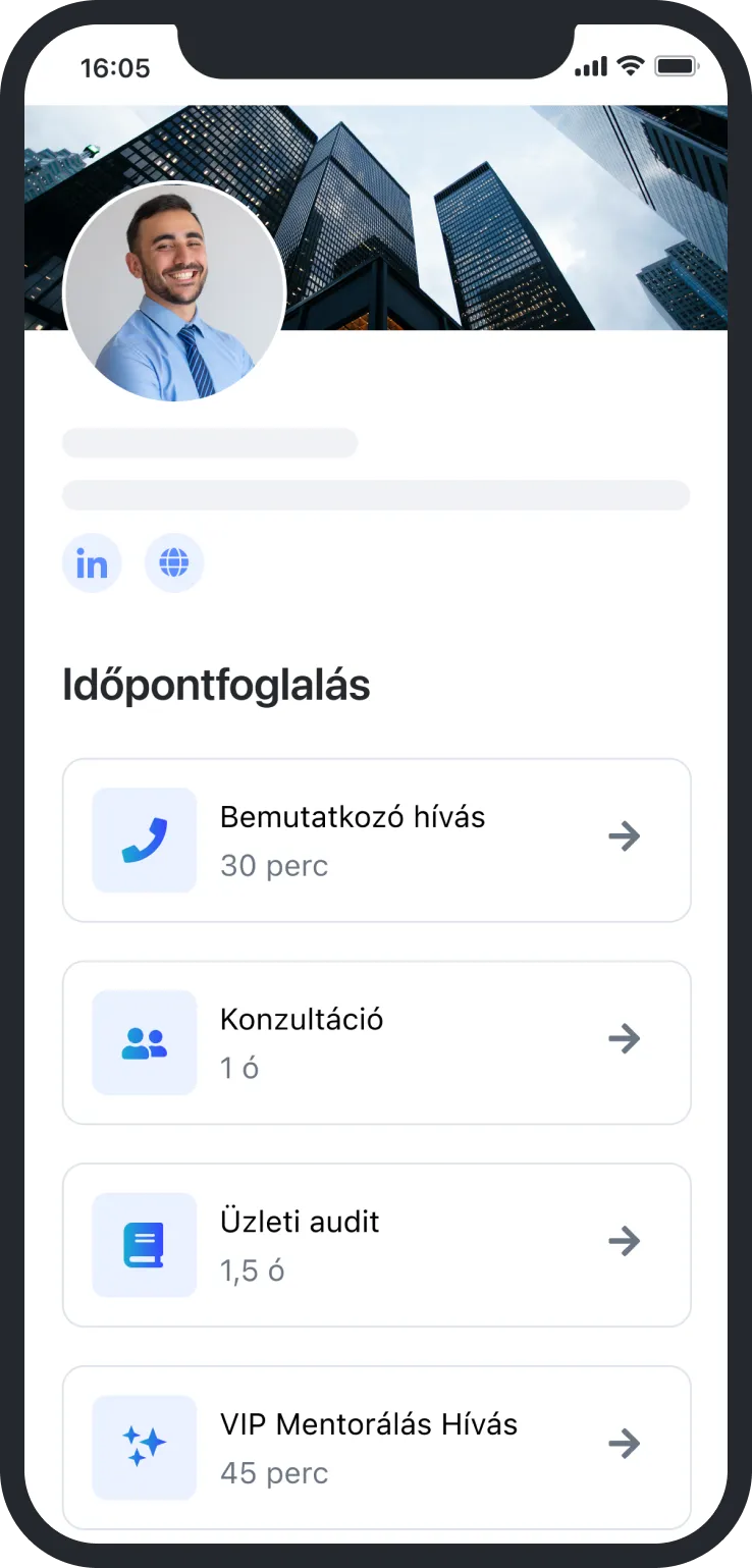 Mobile booking page with consultant photo and appointment options for calls, consultation, and audit.