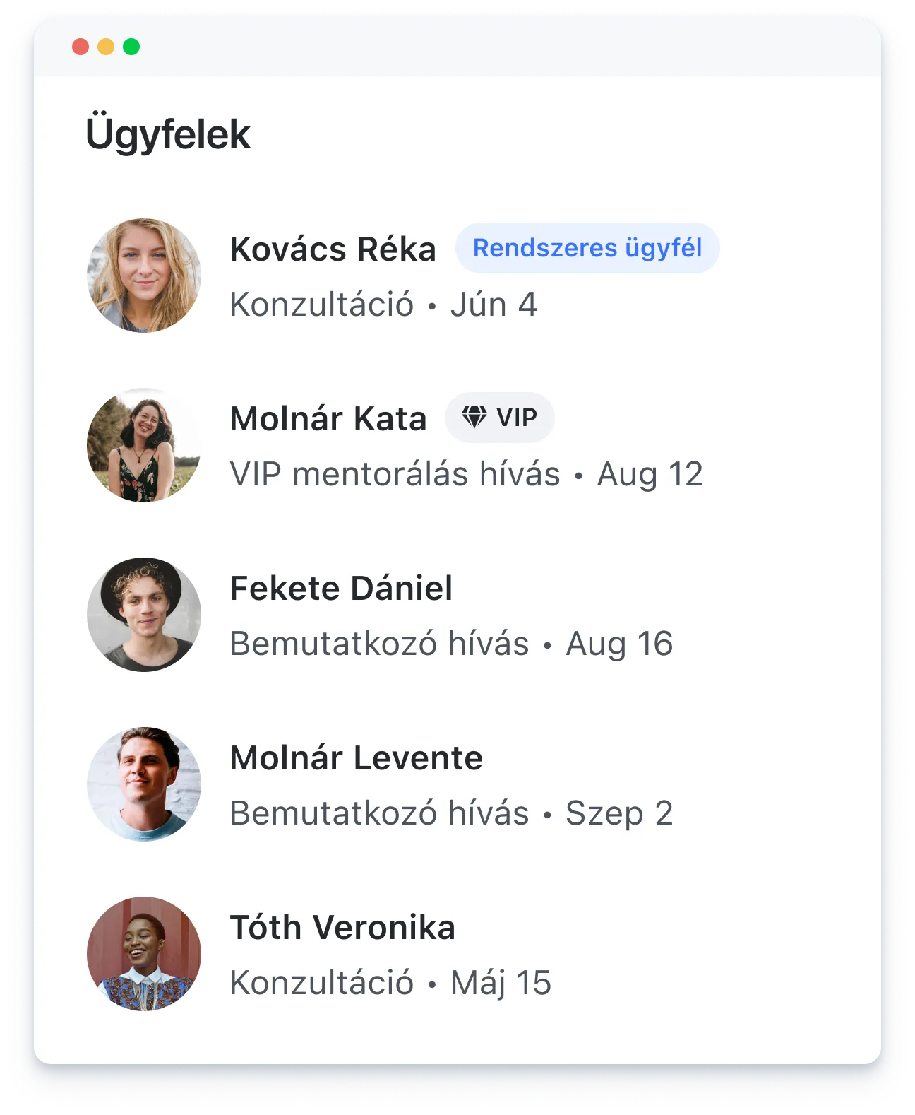 List of clients with profile photos, names, labels, and dates of consultations or calls in Hungarian.