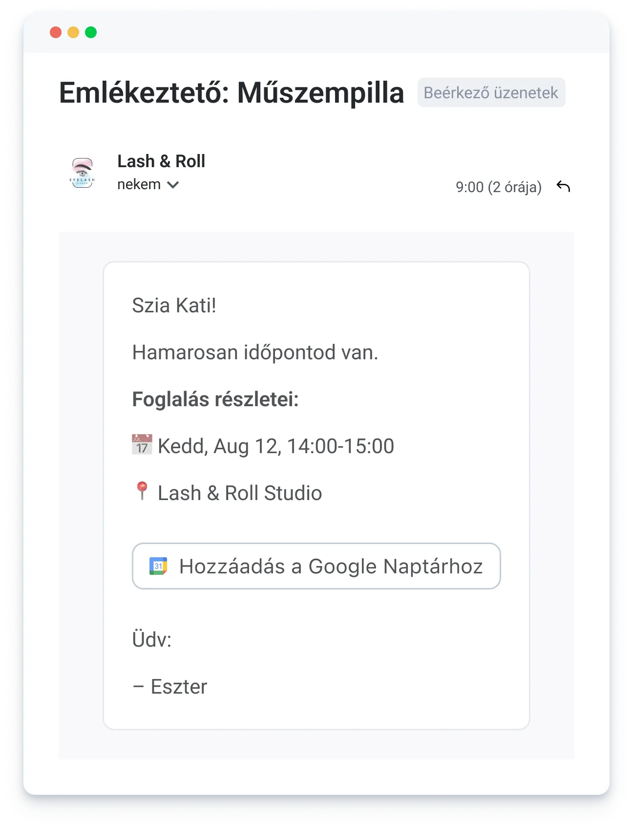 Appointment reminder message from Lash & Roll for Aug 12, 14:00-15:00 at Lash & Roll Studio.