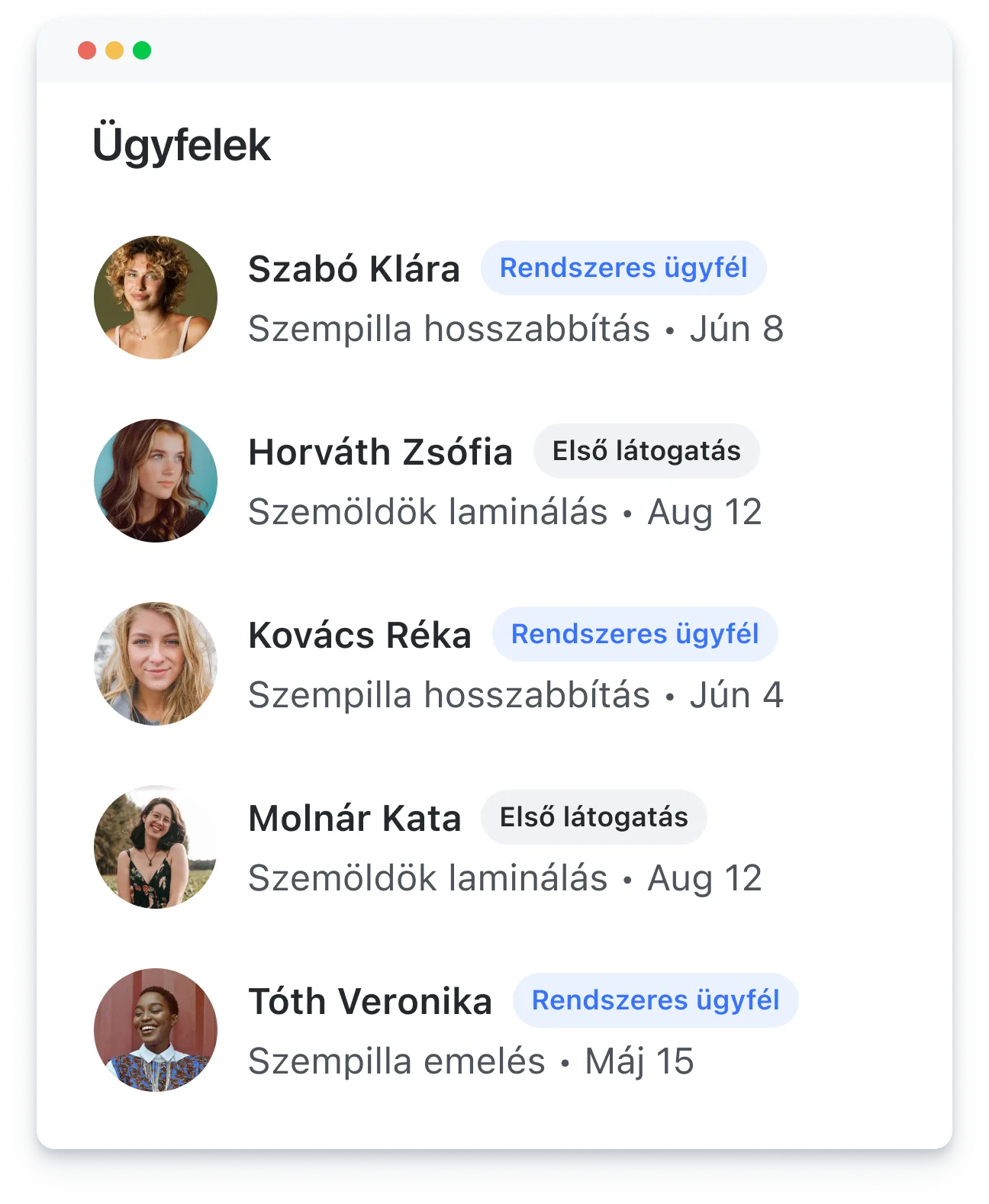 List of clients with profile pictures, names, treatment types, visit dates, and visit statuses in Hungarian.