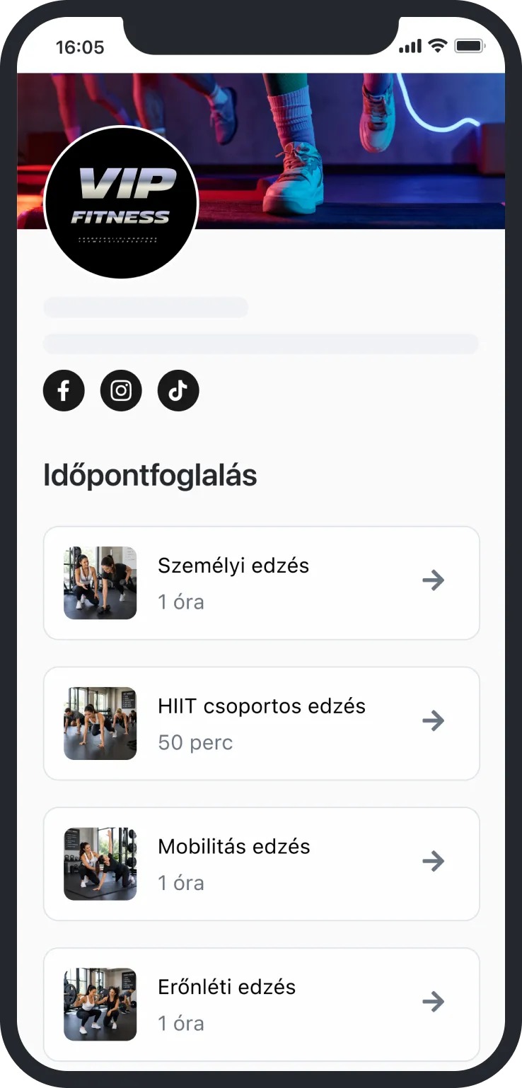Mobile app booking page showing fitness sessions: personal, HIIT group, mobility, and strength training options.