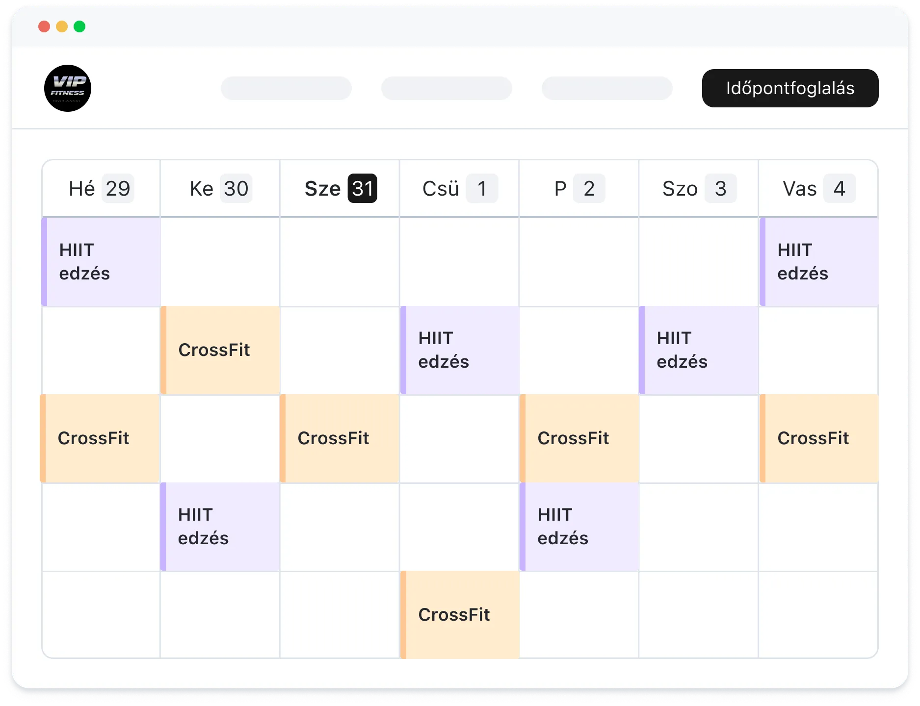 Weekly fitness class schedule with HIIT and CrossFit sessions on various days of the week.