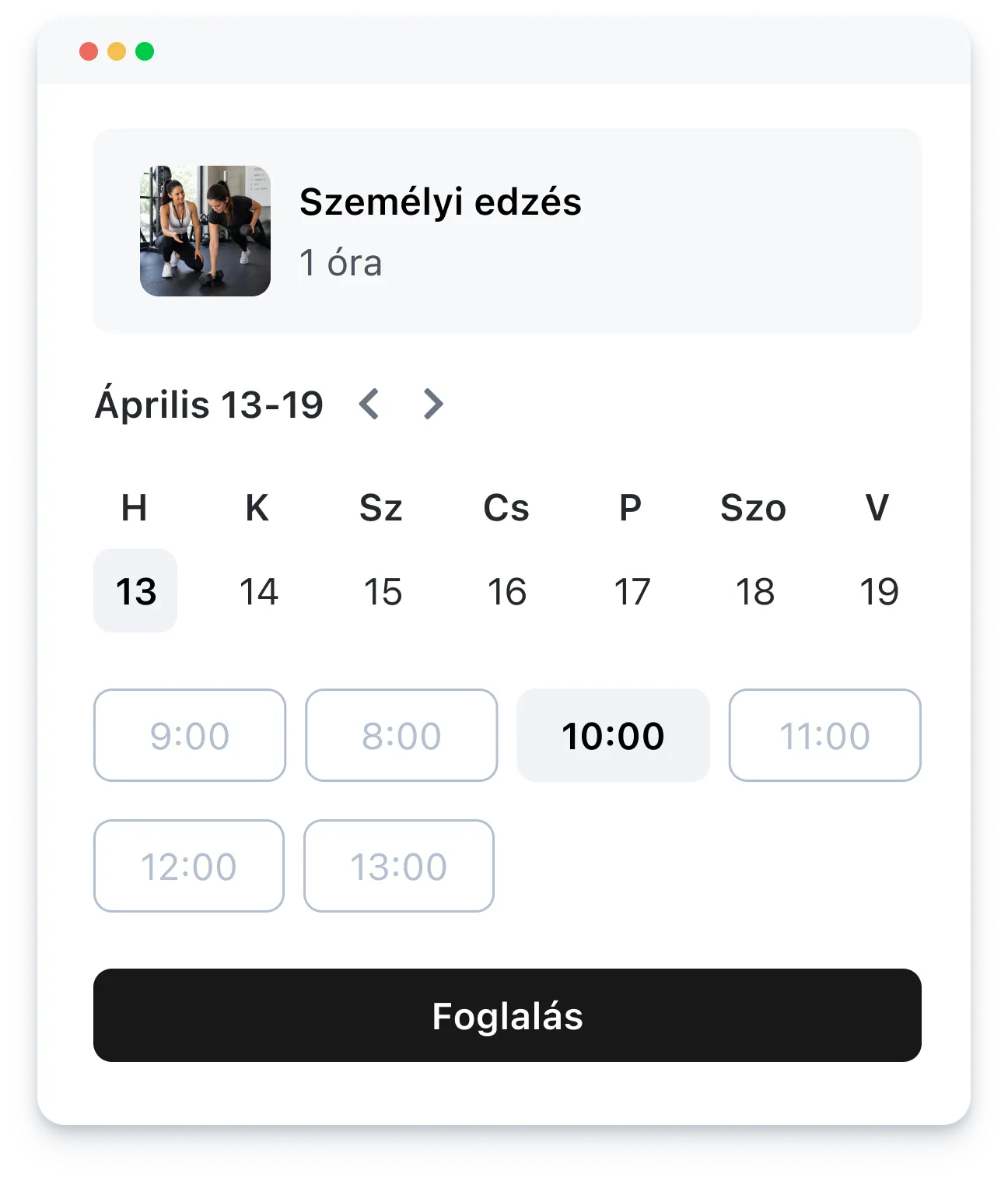 Booking interface showing a personal training session on April 13 at 10:00 with available and unavailable times.