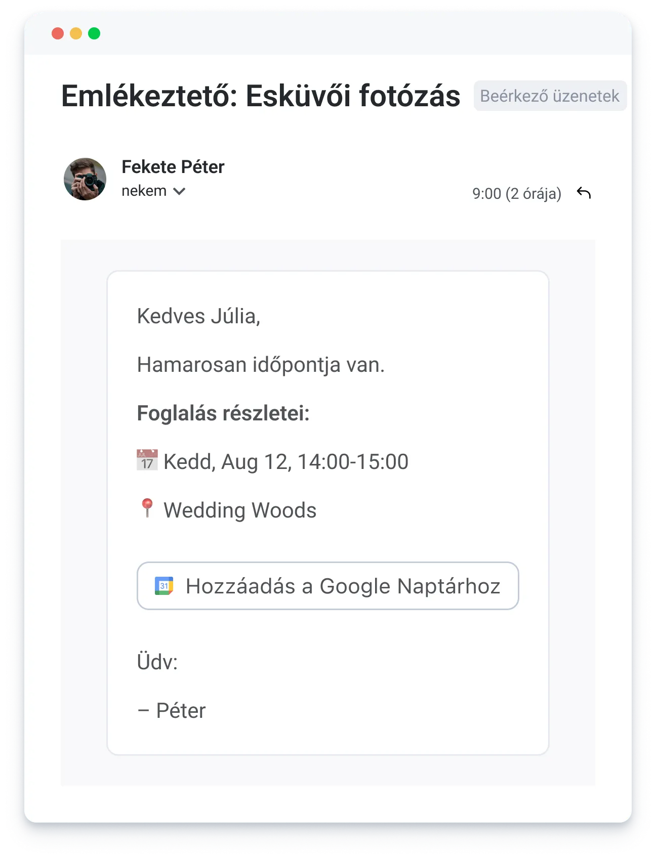 Message from Péter reminding Júlia of her wedding photoshoot on Aug 12, 14:00-15:00 at Wedding Woods.