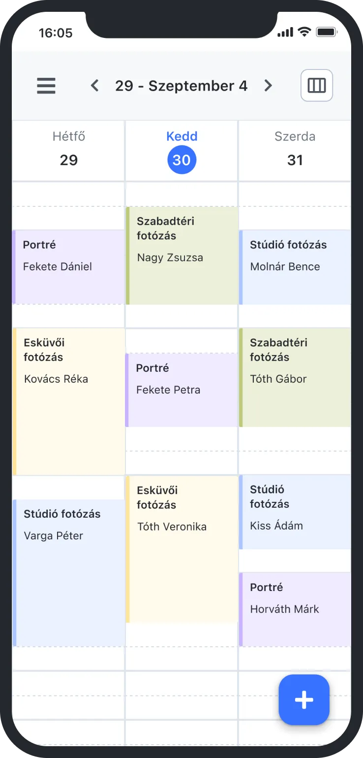 Mobile calendar app showing photography appointments for Sept 29 to 31 with portraits, studio, wedding, outdoor shoots.