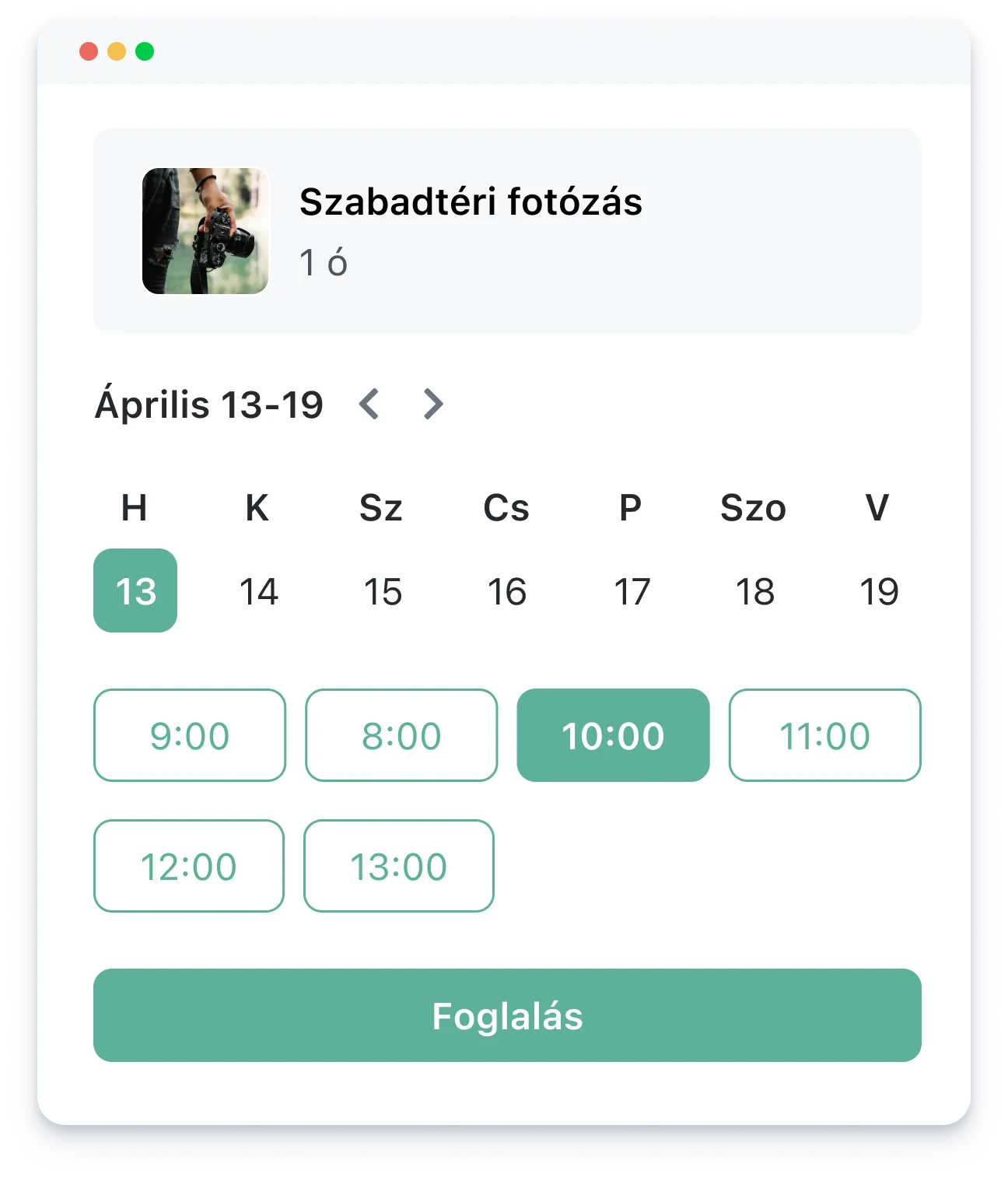 Calendar interface showing outdoor photography booking from April 13 to 19 with selected times 10:00 and date 13.