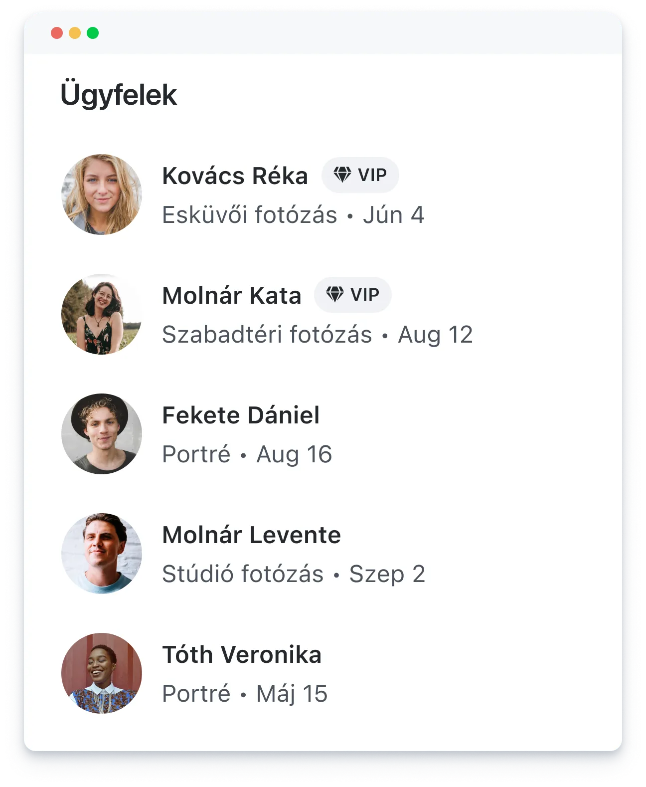 Client list showing names, photo types, and dates with VIP tags for two clients in a chat interface.