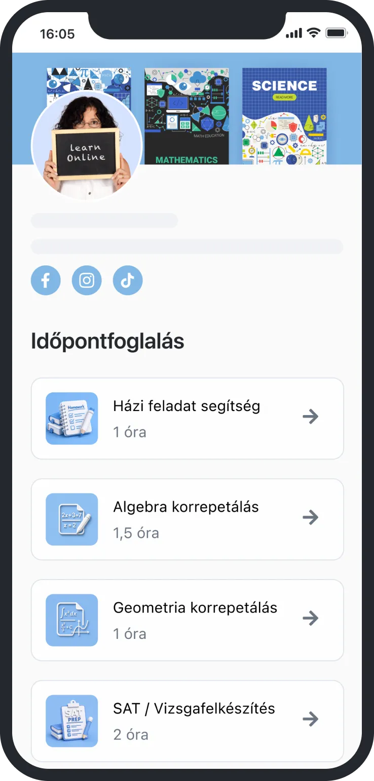 Mobile screen showing online tutoring booking options for homework help, algebra, geometry, and SAT prep in Hungarian.
