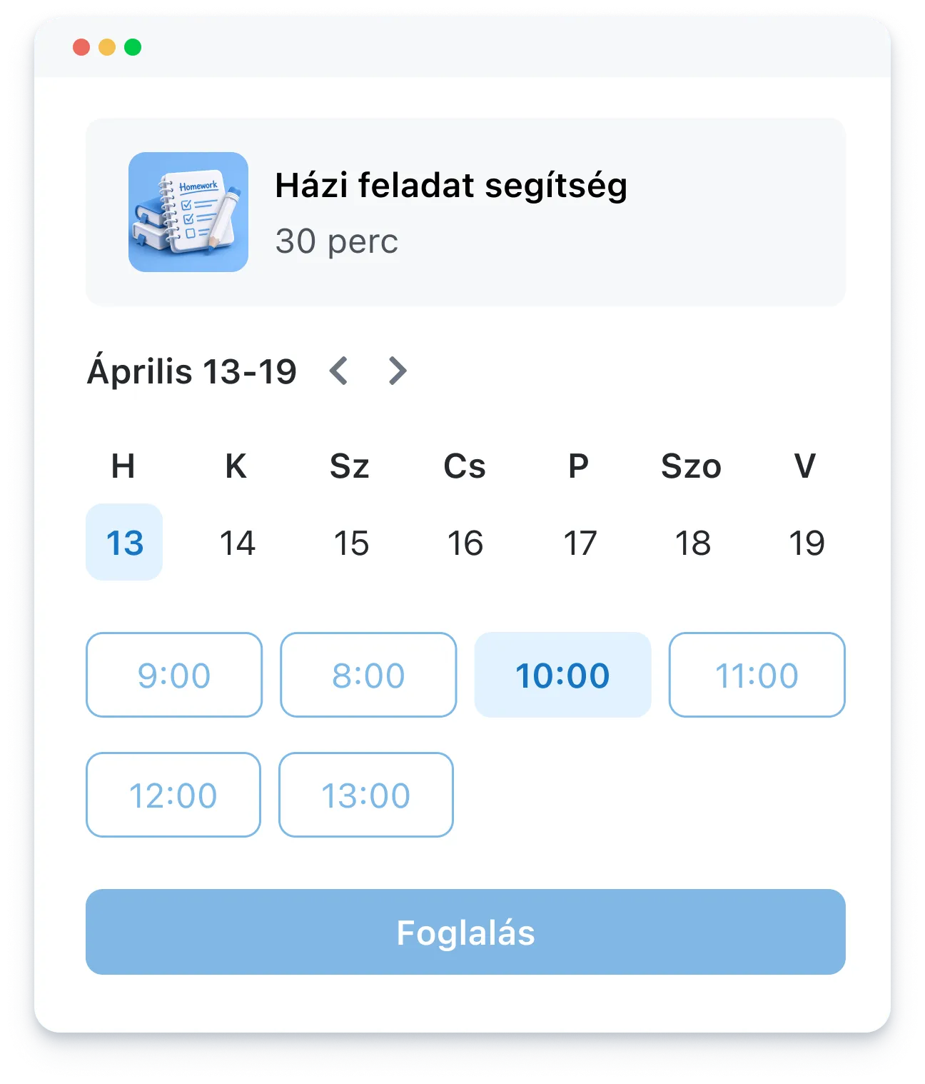 Calendar interface for scheduling tutoring labeled 'Homework help' with selectable times on April 13-19.